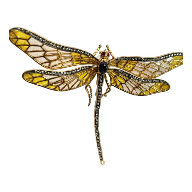 Antique Plique-À-Jour Dragonfly Brooch With Gold and Gemstones For Sale