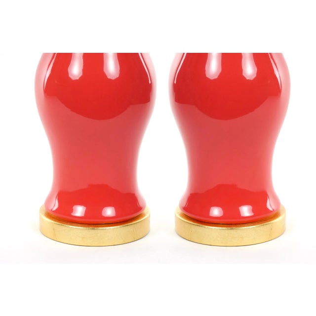 Pair Salmon Porcelain Tables Lamps With Giltwood Pedestals For Sale - Image 4 of 13