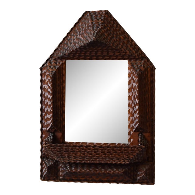 Antique Geometric Chip Carved Wall Pocket / Comb Box With Beveled Glass Mirror, Circa Late 19th Century For Sale