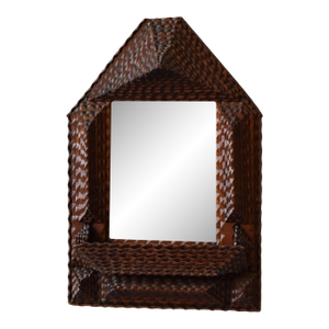 Antique Geometric Chip Carved Wall Pocket / Comb Box With Beveled Glass Mirror, Circa Late 19th Century