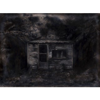 The Spirit of Long Lake by Kierstin Young | Oil Painting of an old cabin in a dark forest For Sale