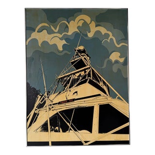 1980 Florilore Mid-Century Modern “Tinker Toy” Boat Painting on Board, Framed For Sale