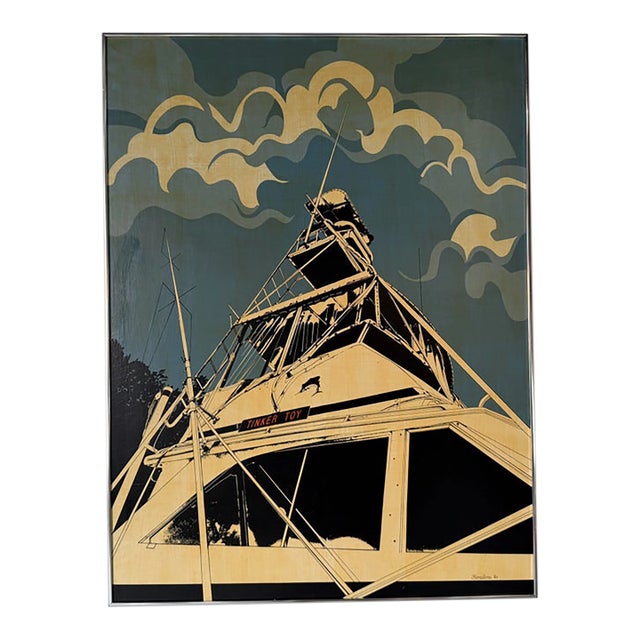 1980 Florilore Mid-Century Modern “Tinker Toy” Boat Painting on Board, Framed For Sale