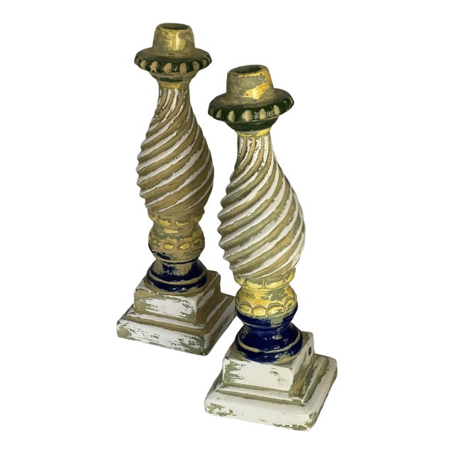 Large Blue & White Candleholders From Mexico- 2 Pieces For Sale