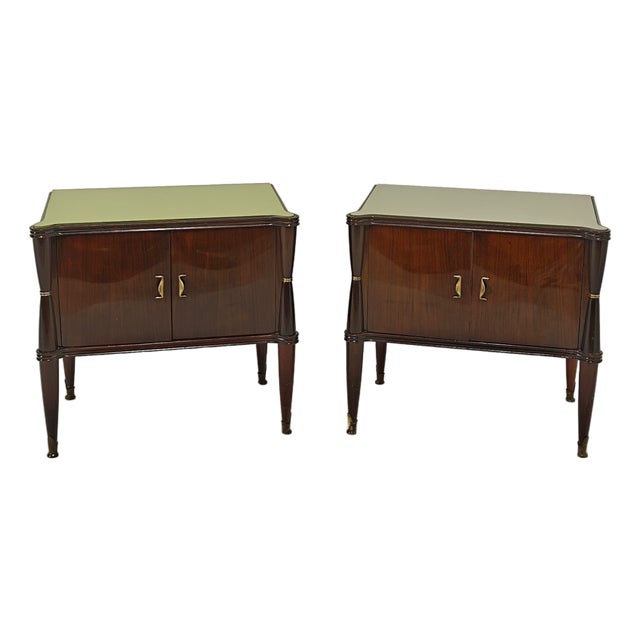 Italian Bedside Tables in Wood, Glass, and Brass in the style of Vittorio Dassi, 1950s, Set of 2 For Sale