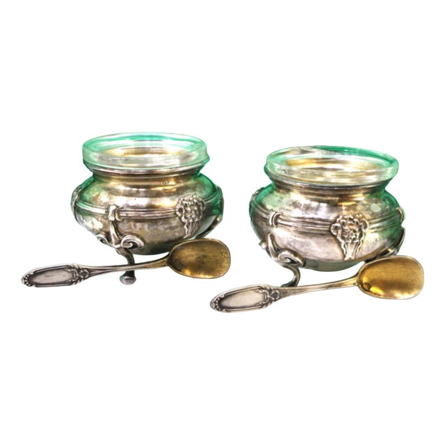 Silver Salt and Pepper Shakers Glass Cores and Embossed Spoons, Set of 4 For Sale