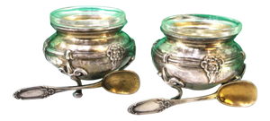 Silver Salt and Pepper Shakers Glass Cores and Embossed Spoons, Set of 4