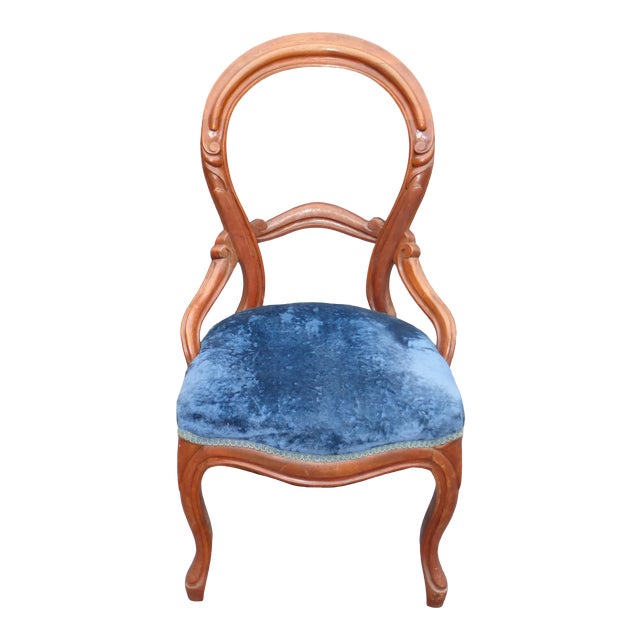 Unique Antique Balloon Back Blue Velvet Accent Chair Round Open Back