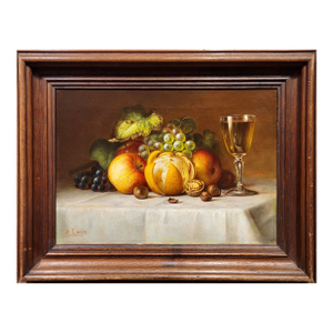 August Laux- Still Life With Fruits and a Glass of Wine-19th Century Oil Painting