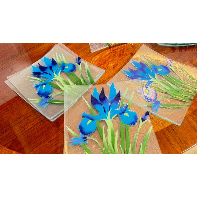 Floral IRIS Art Glass Dinner Plate, Signed Wm McGrath. Here is a beautiful Fusion Art Glass plate full set of 9. The glass...