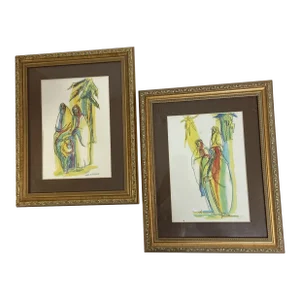 Set of 2 Christmas Nativity Original Watercolor Zora M Steenson Matted Framed 12 X 15