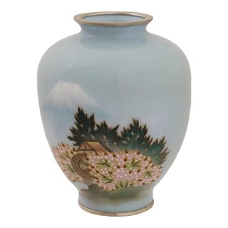 Japanese Cloisonne Enamel Vase W Mount Fuji Landscape For Sale