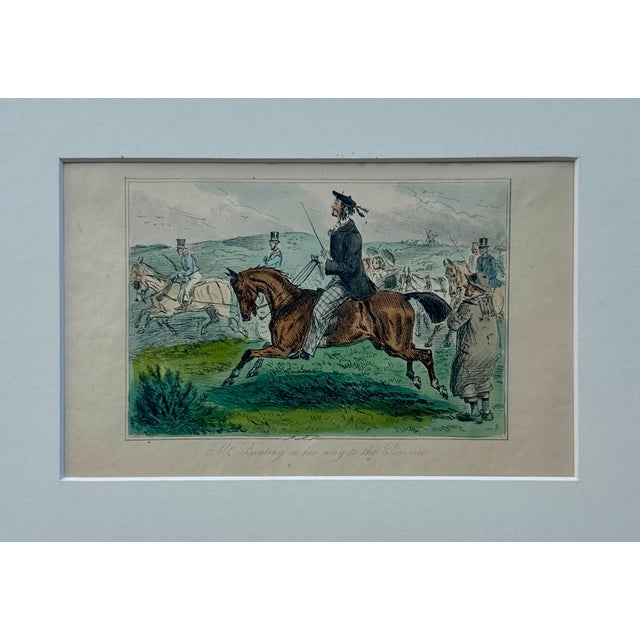 English 19th Century Hand-Colored English Equestrian Hunting Scene Engraving – “Mr. Bunting on His Way to The…” (Fox Hunt Print) For Sale - Image 3 of 4
