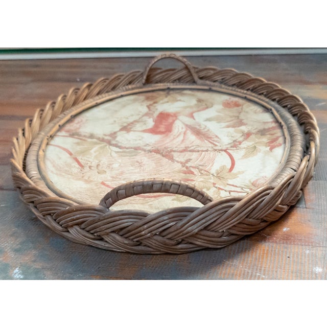19th or 20th Century French Wicker Serving Tray With Tapestry Fragment of Bird For Sale - Image 14 of 16