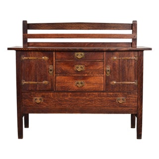 Gustav Stickley Antique Mission Oak Arts & Crafts Strap Hinge Sideboard, Circa 1910 For Sale