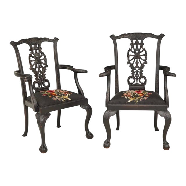 Pair of Late 20th Century George III Chippendale Style Ebonized Armchairs For Sale