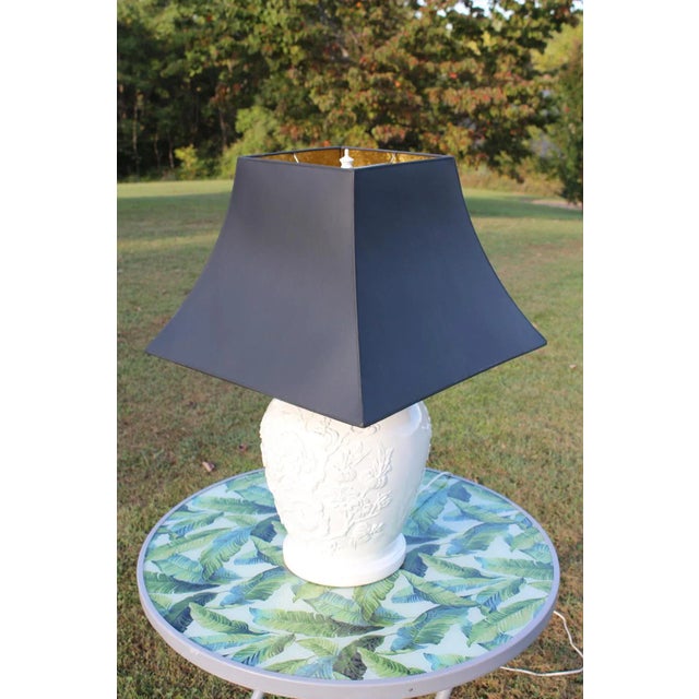1980s White Ginger Jar Lamp With Black Square Bell Shade For Sale - Image 12 of 13