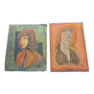 Pair of 1990 M. Bierman Pastel Portraits on Paper | Signed Female Studies, Mid-Century Modern Style For Sale