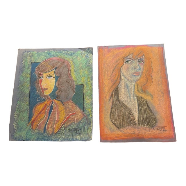 Pair of 1990 M. Bierman Pastel Portraits on Paper | Signed Female Studies, Mid-Century Modern Style For Sale