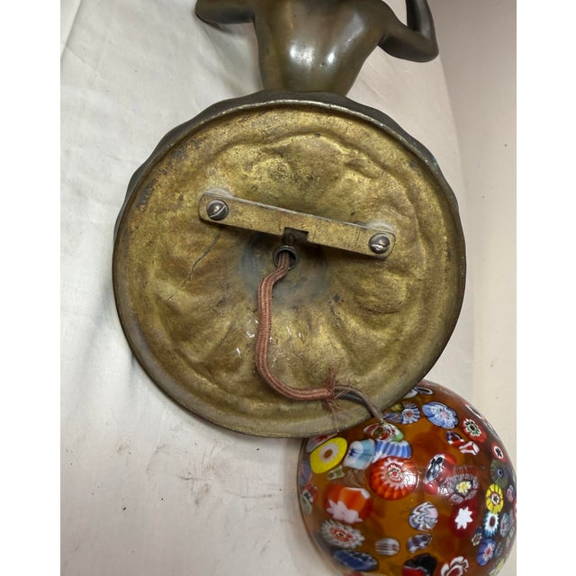 Antique Figural Patinated Bronze Man Wall Sconce Fixture Millefiori Glass Shade For Sale - Image 16 of 17