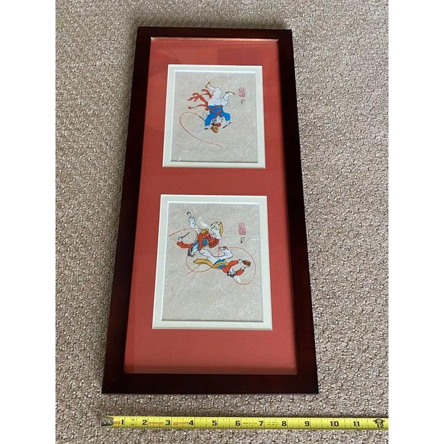 1970s 1970s Framed Double Matted Rice Paper Prints of Asian Musicians With Drums Musical Instruments Stamped Signature For Sale - Image 5 of 12