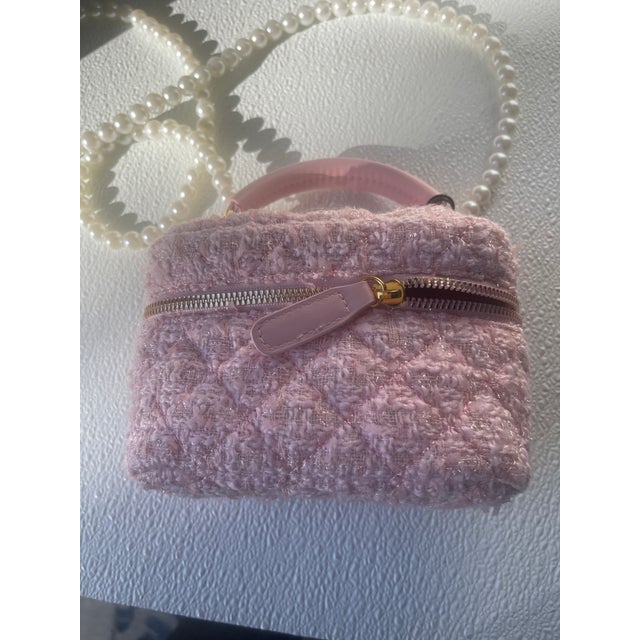 2020s Tweed Oval Mini Handbag With Pearl Shoulder Strap For Sale - Image 5 of 6