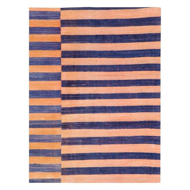 Modern Galerie Shabab Mid-20th Century Abstract Turkish Handmade Striped Flat-Weave in Persimmon Coral, Blue For Sale - Image 3 of 10