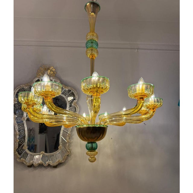 Amber and Emerald Chandelier with Twelve Arms in Hand Blown Glass, 1970s, Set of 2 For Sale - Image 3 of 14