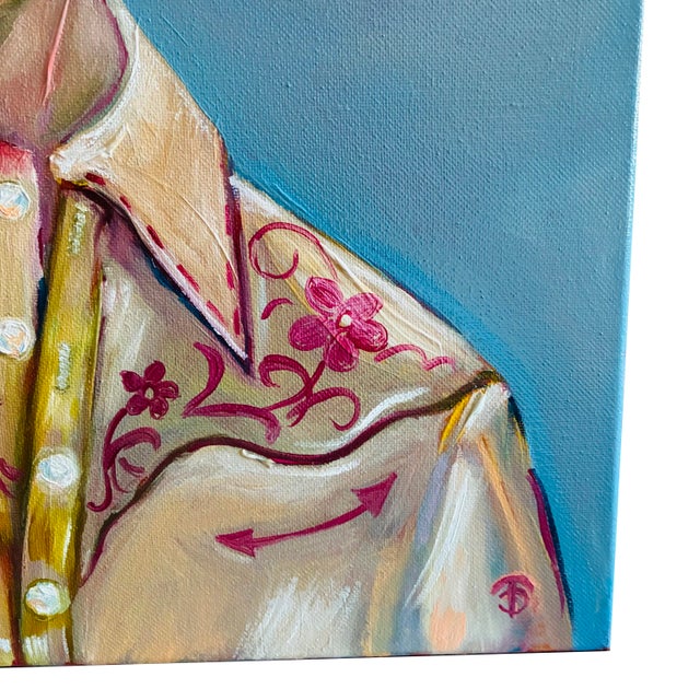 Cowboy Original Oil Painting, Signed, Modern Western Portrait, Blue Hat, Unframed Tatiana Duperault For Sale - Image 4 of 5