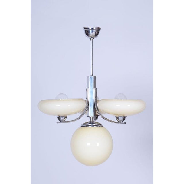 Glass Art Deco Chandelier in Chrome-Plated Steel and Opal Glass, Czech, 1920s For Sale - Image 7 of 11