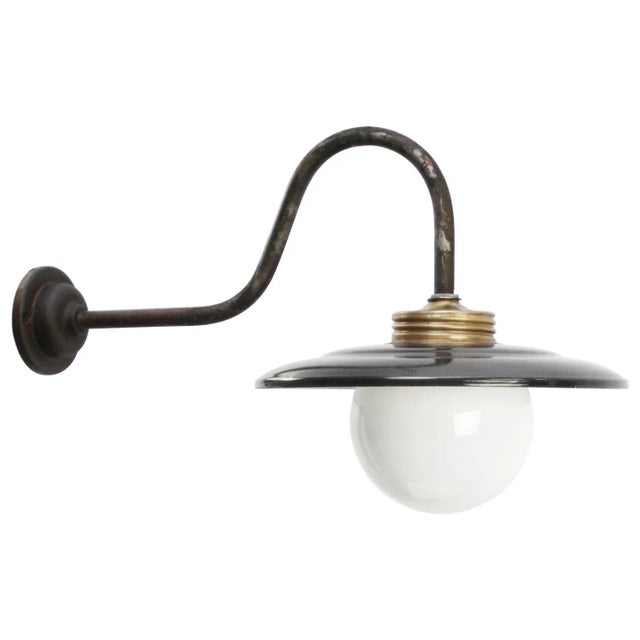 Mid-Century Modern Vintage Industrial Black Enamel, Brass and White Opaline Wall Light For Sale - Image 3 of 7