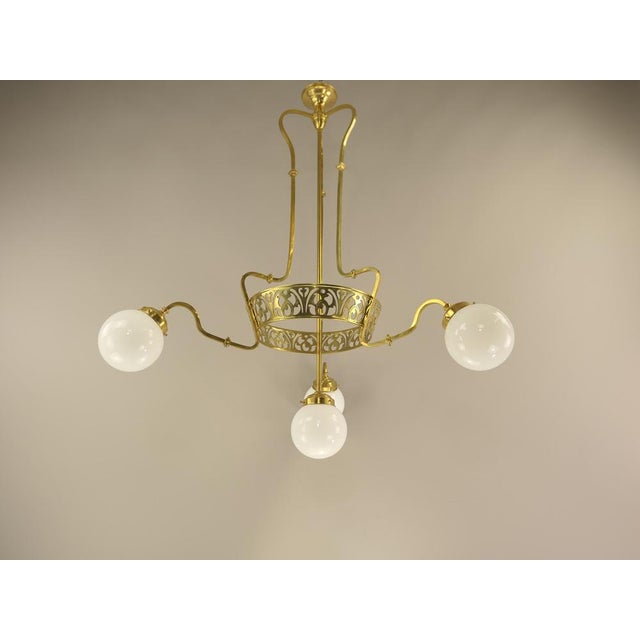 Art Nouveau Brass Chandelier with Four Light Sources from Bavaria, Germany, 1910s For Sale - Image 9 of 11