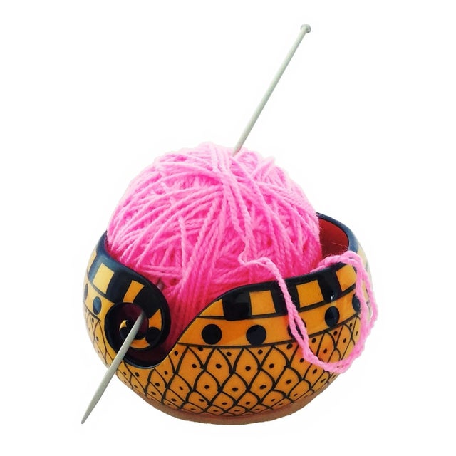 Boho Chic Boho Chic Handcrafted Curry Yellow Ceramic Yarn Bowl For Sale - Image 3 of 5