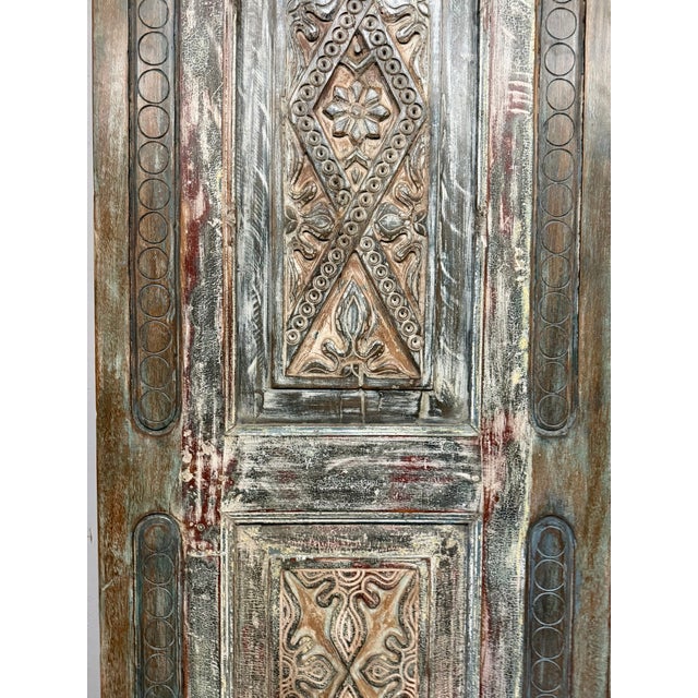 Vintage Floral Carved Wood Barn Door – Distressed Teal Reclaimed Single Door 96x30 For Sale In Orlando - Image 6 of 7
