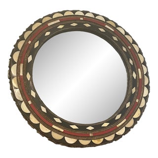 1970s East Asian Round Bone Inlaid Mirror With Nickel/Metal Accents For Sale