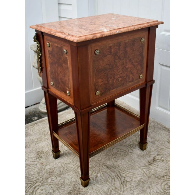 Inlaid Wood Nightstand Vintage Italian 3 Drawer Marble Accent Chest Brass Ormolu 80s For Sale - Image 12 of 13