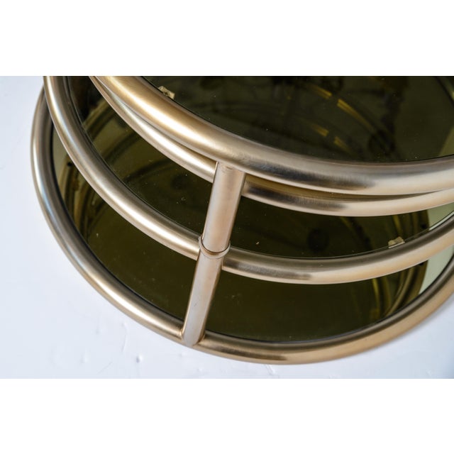 Metal Milo Baughman Style Four-Tier Brass and Smoked Glass Swivel Accent Table For Sale - Image 7 of 9