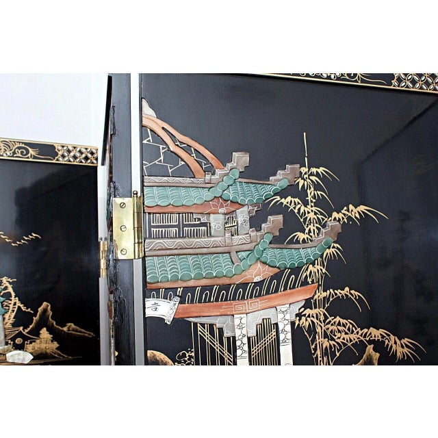 Mid 20th Century Chinese Four-Panel Lacquered Coromandel Screen With Mother-Of-Pearl Inlay For Sale - Image 10 of 13