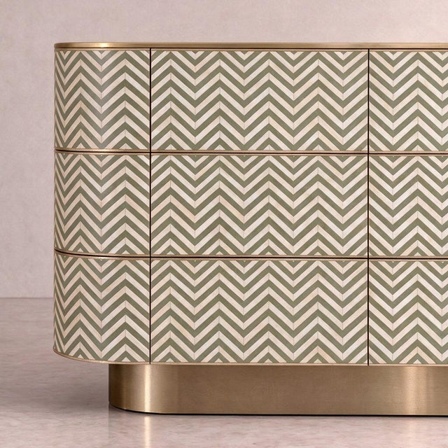 Veyra Chevron Inlay Six-Drawer Dresser - Olive Green by House of Jaipur For Sale - Image 6 of 7