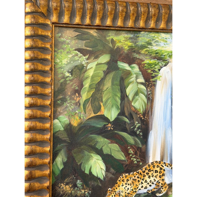 Signed Tropical Leopard Waterfall Acrylic Painting in Carved Gilt Wood Frame For Sale - Image 11 of 12