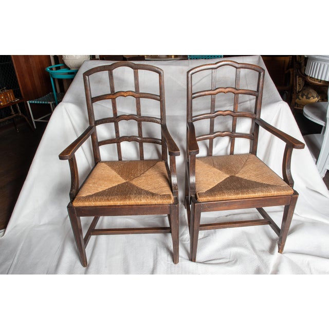 Early 20th Century Pair Dutch Rush Seat Wood Arm Chairs For Sale - Image 5 of 12