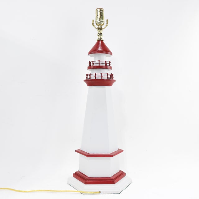Nautical Pair of Vintage Red and White Nautical Lighthouse Table Lamp For Sale - Image 3 of 9
