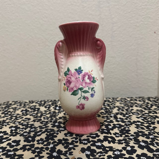 Royal Copley Cranberry Pink Red Rose 7" Vase Double Handle 1940s Art Pottery For Sale - Image 4 of 9