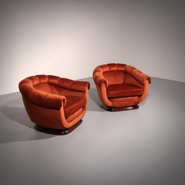 Wood Italian Lounge Chairs in Orange Copper Velvet, 1950s, Set of 2 For Sale - Image 7 of 11