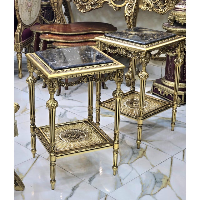 French French Louis XVI Style Side Table Set of 2 With Black Marble Top & Ornate Gold Leaf Details For Sale - Image 3 of 3