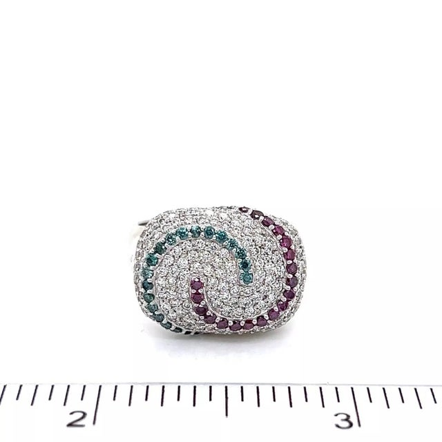 Metal Multi Colored Diamond Swirl 14k White Gold Cocktail Ring, Size 7 For Sale - Image 7 of 8