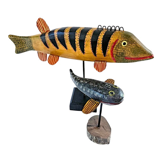 Contemporary Folk Art Fish Decoys by Ronald Derrow Set of 2 For Sale