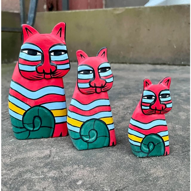 Vintage Hand-Painted Wooden Folk Art Cats- Set of 3 For Sale - Image 9 of 10