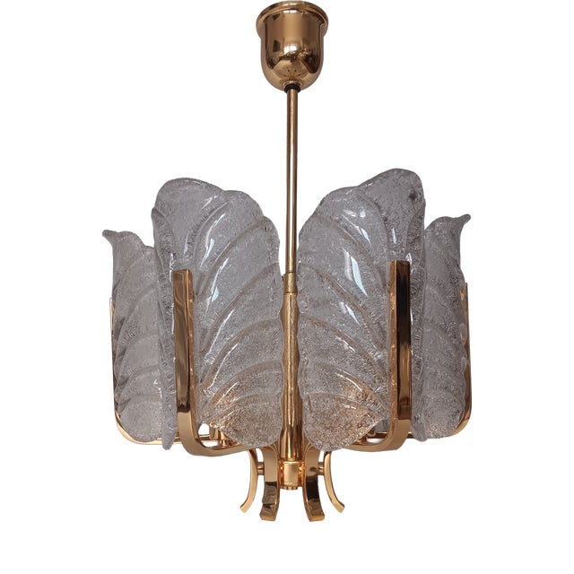 Scandinavian Glass and Gilt Metal Chandelier by Carl Fagerlund for Orrefors, Sweden, 1970s For Sale