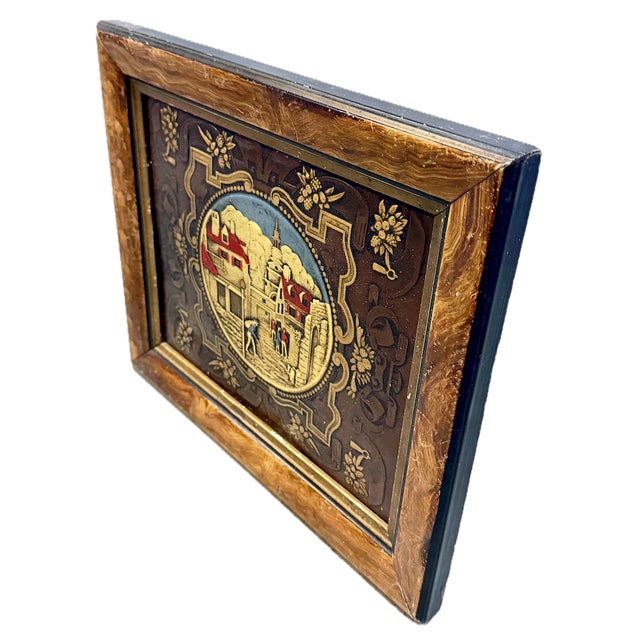 Framed antique embossed and painted leather panel of colonial Philadelphia village scene with abstract geometrical...